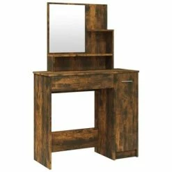 Discount ⌛ VidaXL 👗 Dressing Table with Mirror Smoked Oak 34.1"x13.8"x53.5" 🔔