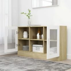 Promo 🎁 VidaXL Vitrine Cabinet White and Sonoma Oak 47.2"x12"x27.6" Engineered Wood 🛒 -Cabinets & Storage Sales image 3 802791