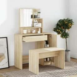 Promo 😍 VidaXL 👗 Dressing Table with Mirror Sonoma Oak 34.1"x13.8"x53.5" ❤️ -Cabinets & Storage Sales image 3 802960