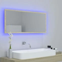 Best Pirce 🤩 VidaXL LED Bathroom Mirror Sonoma Oak 39.4"x3.3"x14.6" Engineered Wood 🎉 -Cabinets & Storage Sales image 3 804943